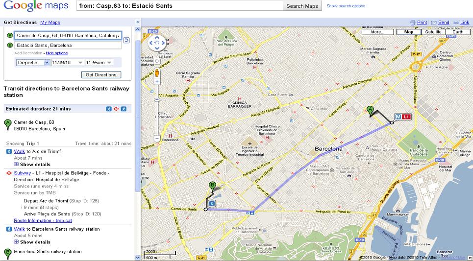 Ejemplo Google Maps Transit. Barcelona